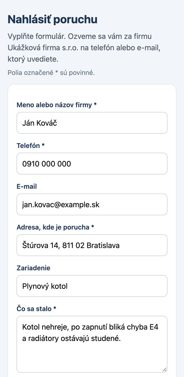 Formulár na hlásenie poruchy v telefóne: meno, telefón, adresa, zariadenie a opis poruchy.