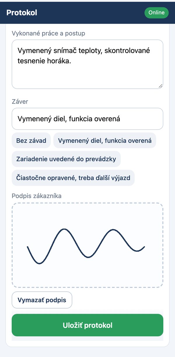 Protokol v telefóne: vykonané práce, záver, rýchle voľby a pole na podpis zákazníka.
