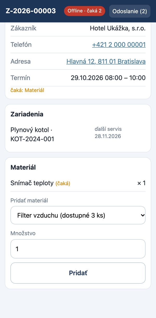 Zákazka v telefóne technika v režime bez signálu: dve zmeny čakajú na odoslanie, zákazník, termín, zariadenie a materiál.